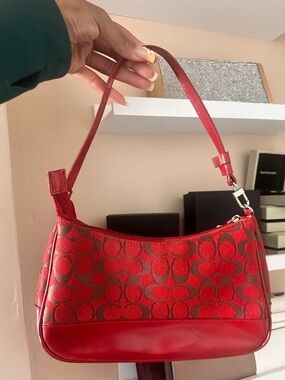 Coach Red Signature Canvas Shoulder Bag with Leather Trim